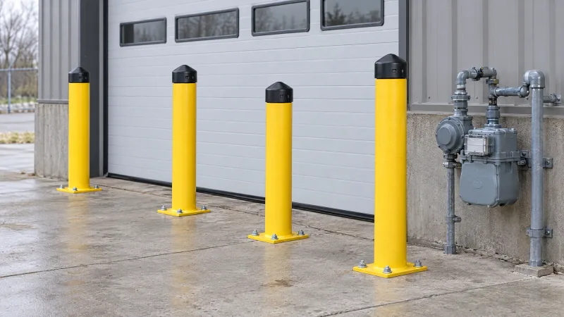 Yellow steel bollards with black caps on bolted base plates protecting a warehouse door