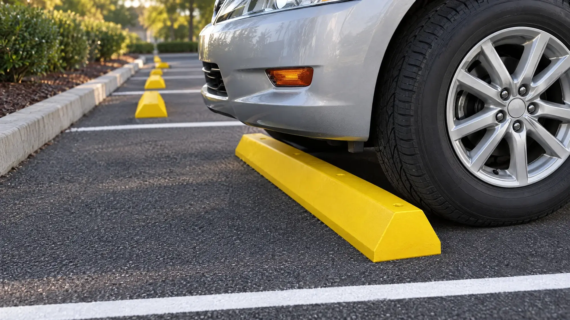 Recycled plastic wheel stops installed at the head of parking spaces