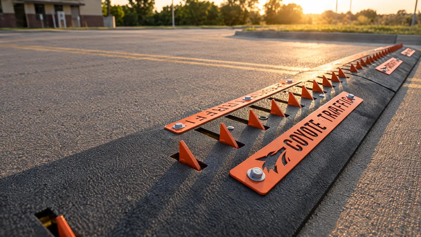 Coyote-branded surface-mount traffic spikes bolted across a one-way exit lane at golden hour